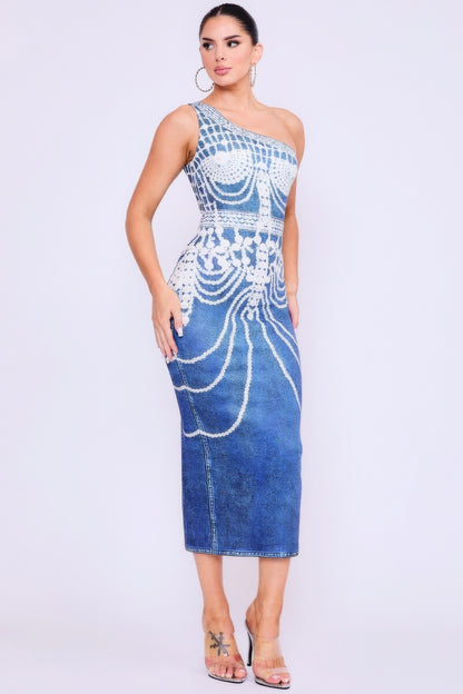 One Shoulder Denim Print Dress