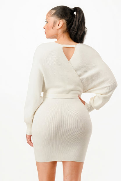 Off Shoulder Wrap Belted Ribbed Sweater Dress