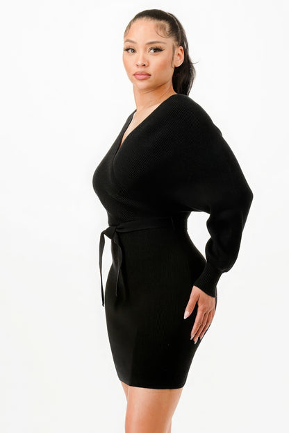 Off Shoulder Wrap Belted Ribbed Sweater Dress