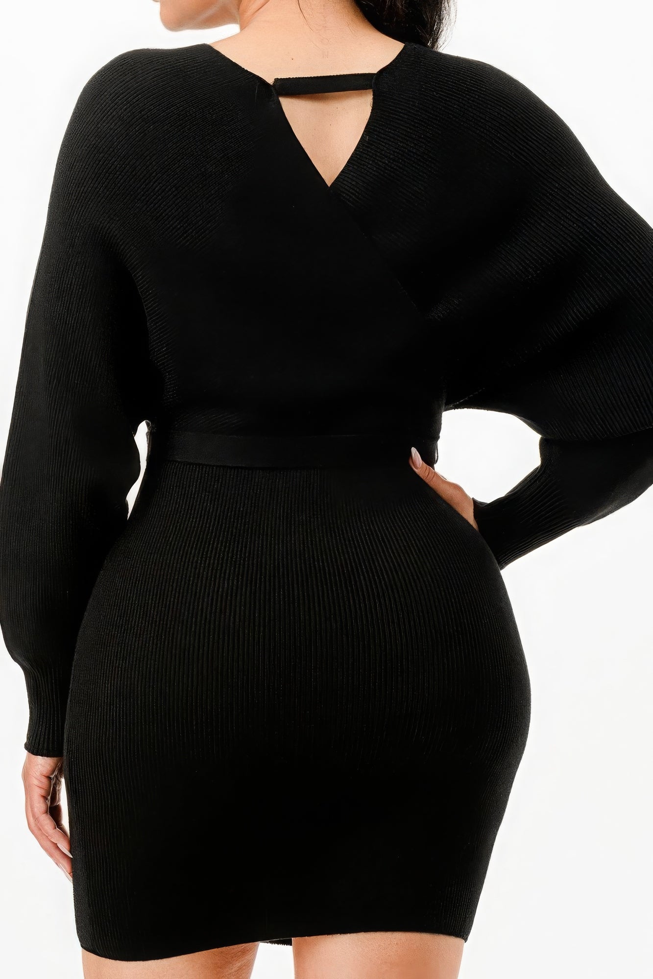 Off Shoulder Wrap Belted Ribbed Sweater Dress