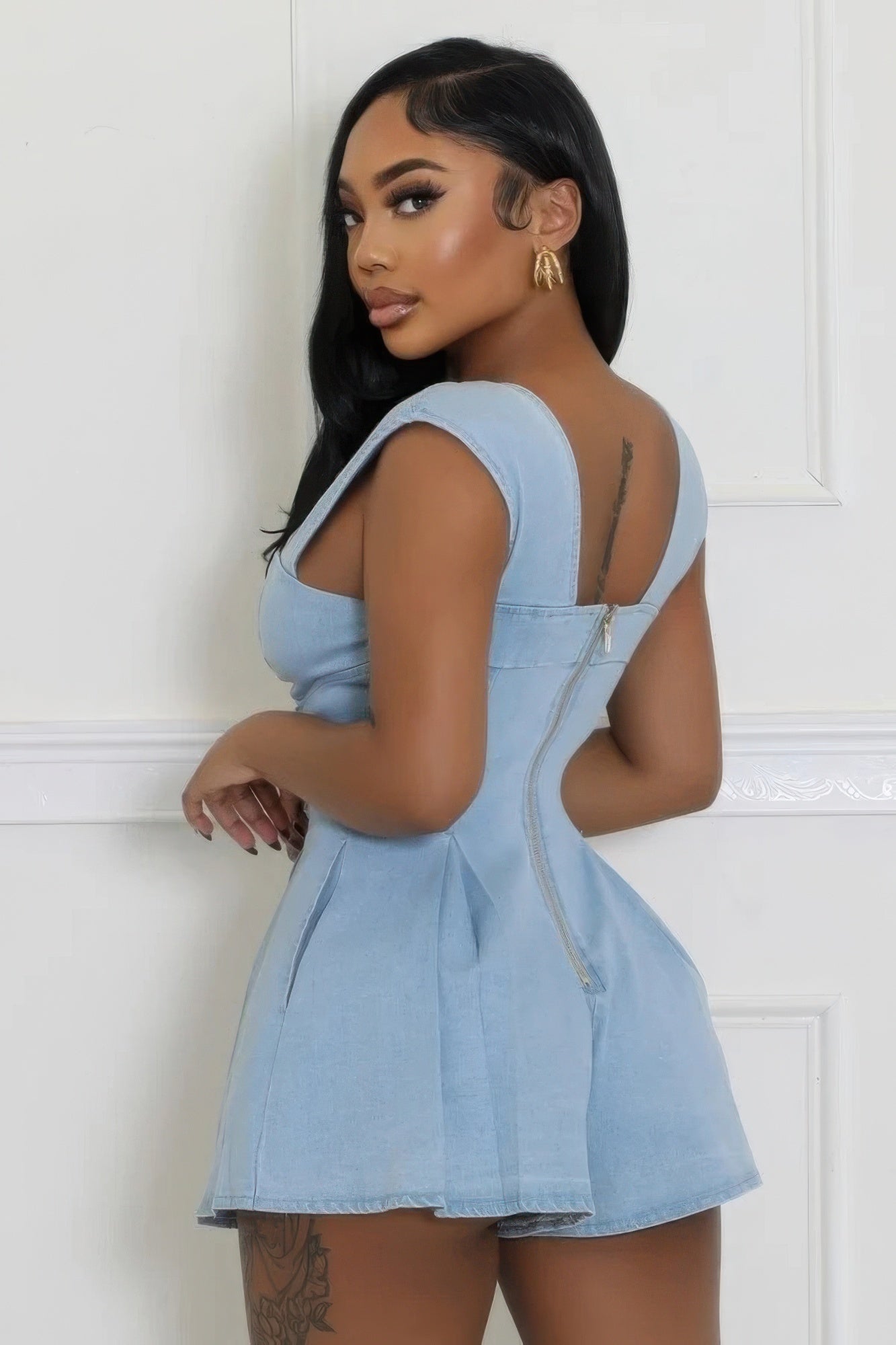 Denim V-neck Stretch Romper