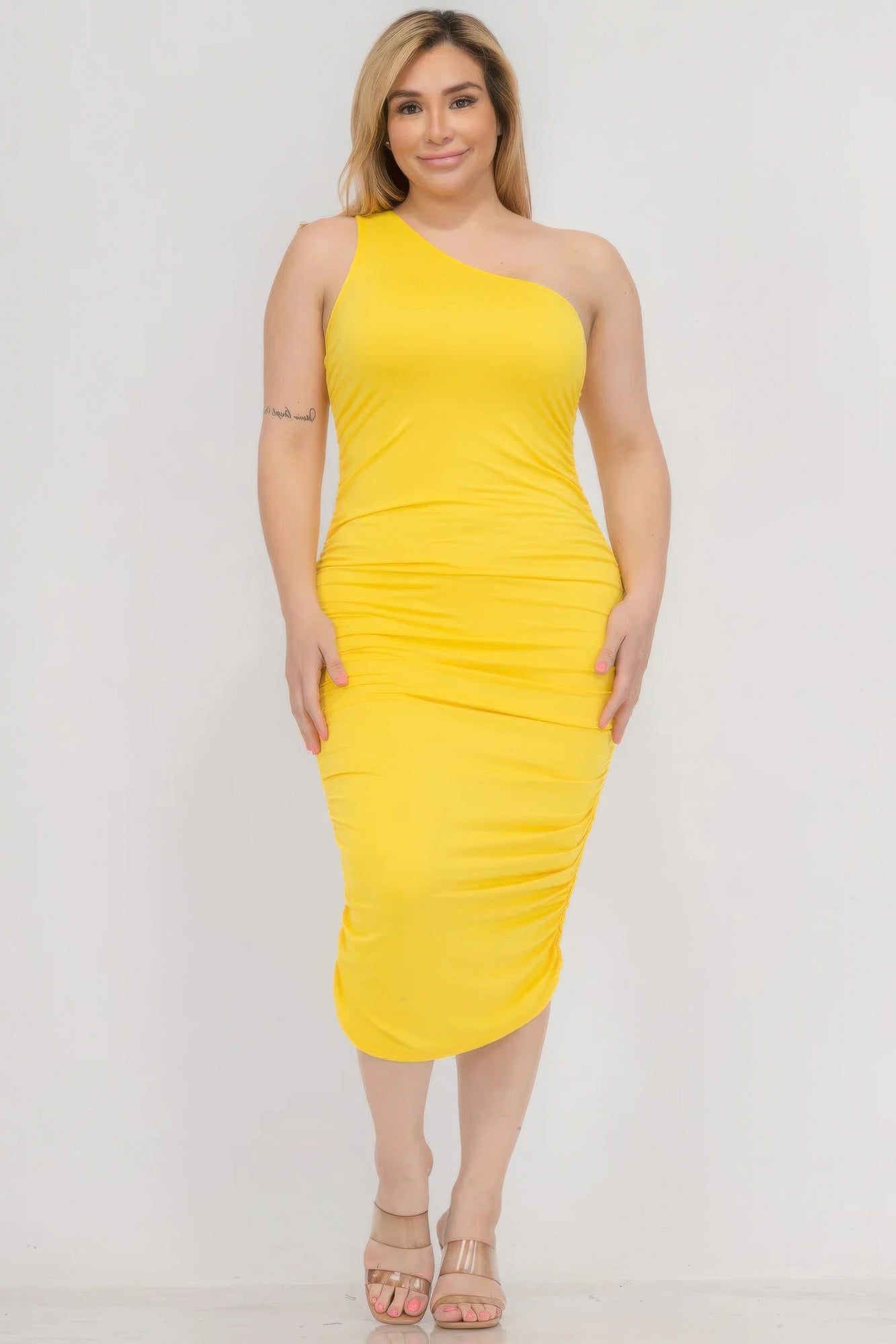 Sexy Solid Color Ruched One Shoulder Midi Bodycon Dress