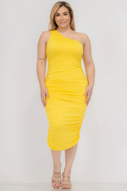 Sexy Solid Color Ruched One Shoulder Midi Bodycon Dress