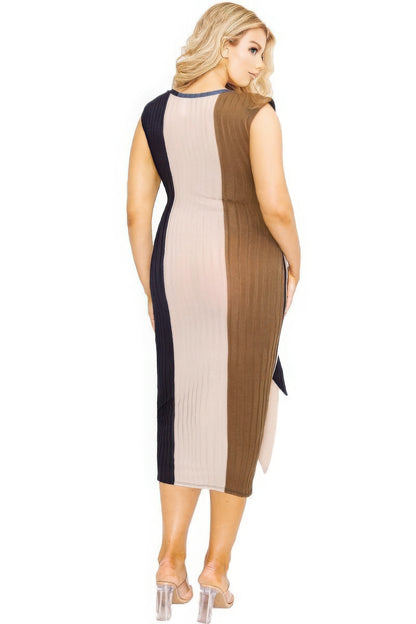 Knitted sleeveless Colorblock waist tie dress