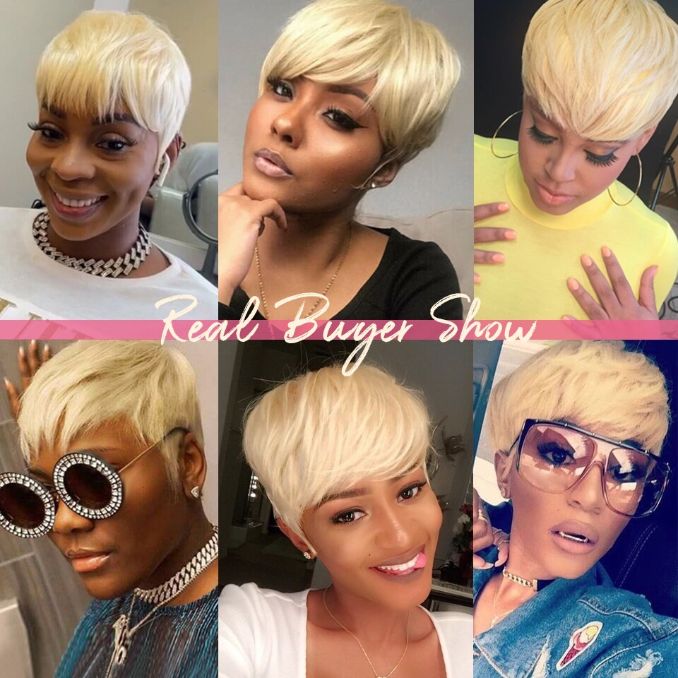 613 Honey Blonde Color Short Bob Straight With Bangs Brazilian Virgin Hair Pixie Cut Human Hair Wig Lola’s Hidden Gem