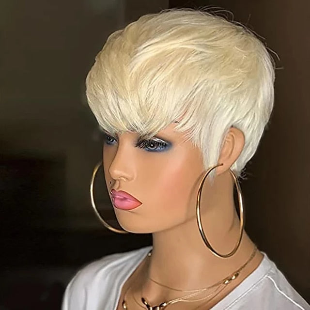 613 Honey Blonde Color Short Bob Straight With Bangs Brazilian Virgin Hair Pixie Cut Human Hair Wig Lola’s Hidden Gem