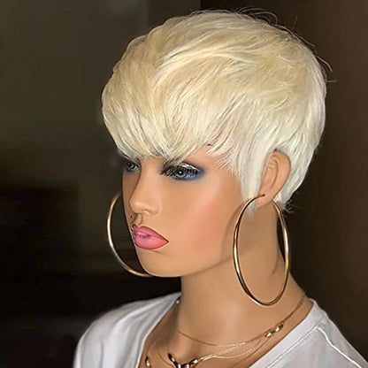 613 Honey Blonde Color Short Bob Straight With Bangs Brazilian Virgin Hair Pixie Cut Human Hair Wig Lola’s Hidden Gem