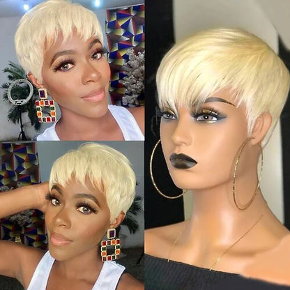 613 Honey Blonde Color Short Bob Straight With Bangs Brazilian Virgin Hair Pixie Cut Human Hair Wig Lola’s Hidden Gem