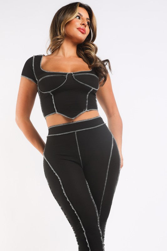 Ribbed Reverse Stitch Crop Top Pant Set