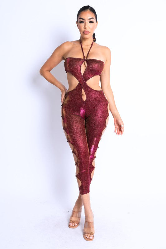 Glittery  Cutout Halter Neck Keyhole Jumpsuit