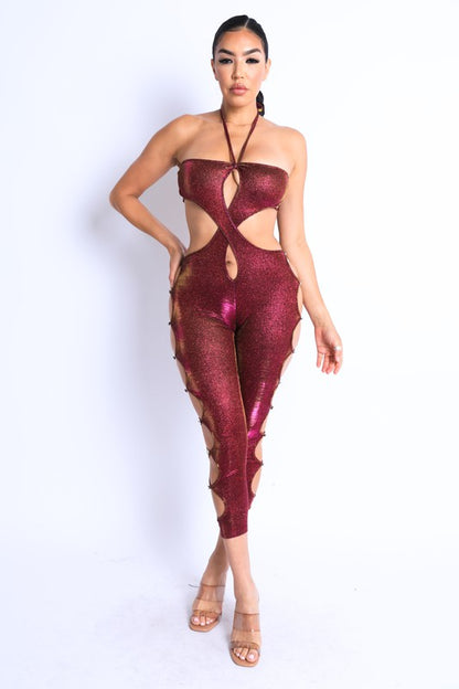 Glittery  Cutout Halter Neck Keyhole Jumpsuit