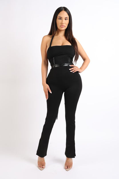 Matte PU Lace Up Detailed Jumpsuit