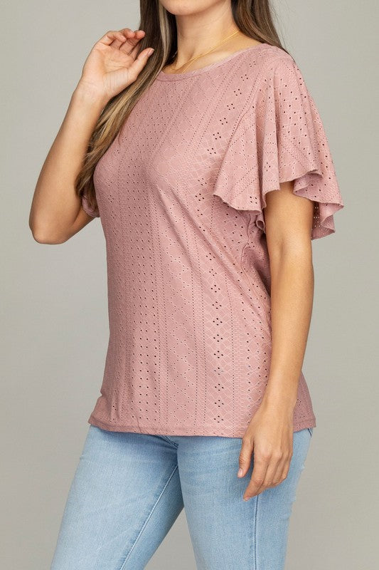 Embroidered Eyelet Top w/ Wing Sleeve