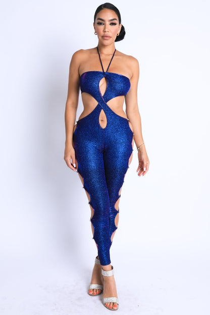 Glittery  Cutout Halter Neck Keyhole Jumpsuit