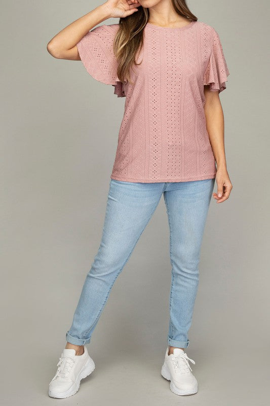 Embroidered Eyelet Top w/ Wing Sleeve