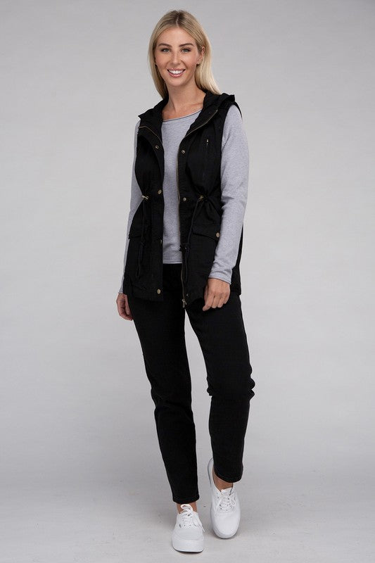 Drawstring Waist Military Hoodie Vest