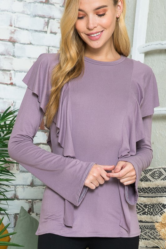 Plus+ Solid Long Sleeve Ruffle Top