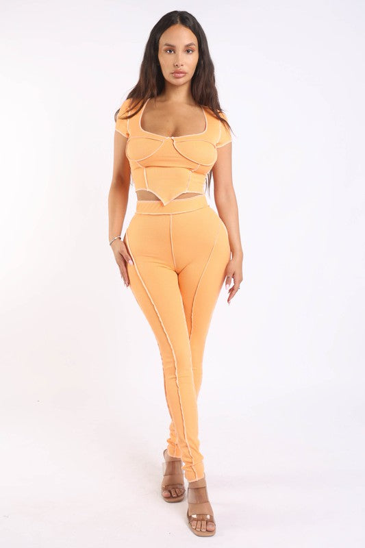 Ribbed Reverse Stitch Crop Top Pant Set