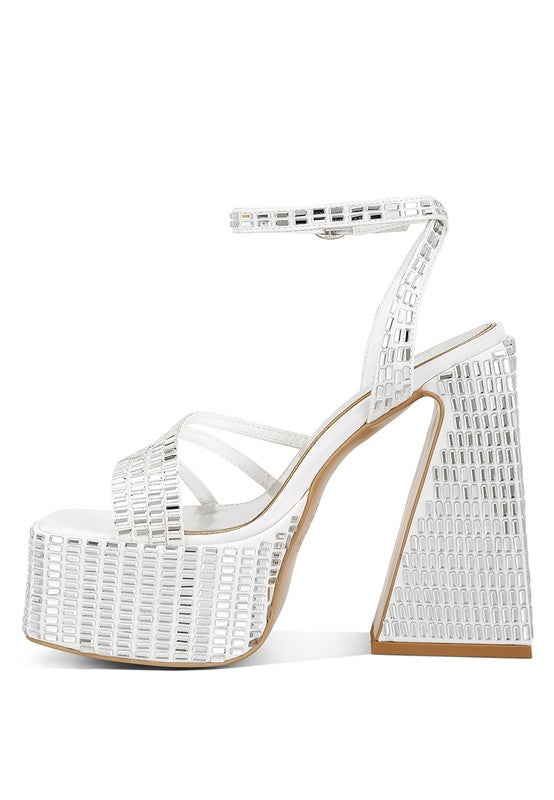 Lustrous Mirror Embellished Flare Heel Sandals