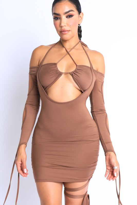 Cut Out String Detailed Off shoulder Halter Mini