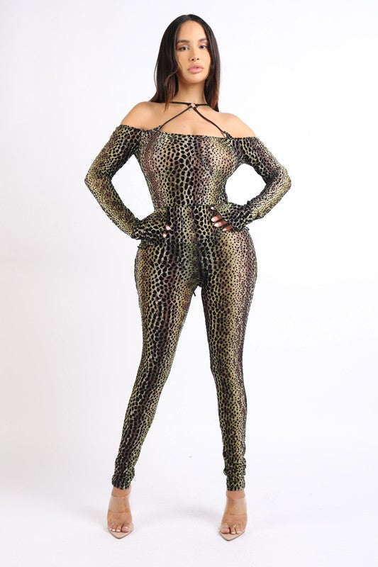 Cheetah Flared Sleeve O-Ring Off Shoulder Jumpsuit