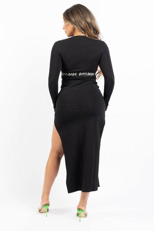 Boss Babe Lettering Slit Thigh Maxi Dress