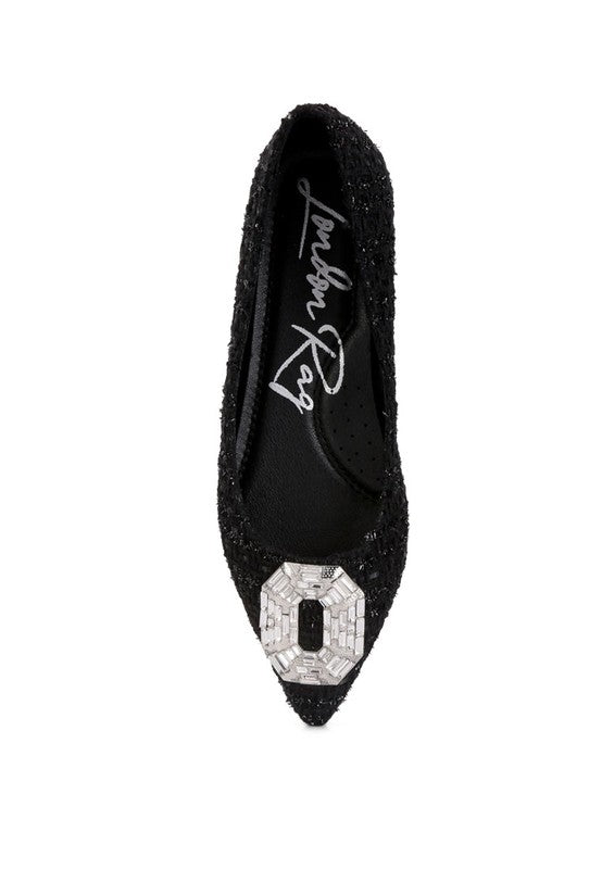 Aria Embellished Jewel Buckle Tweed Ballet Flats