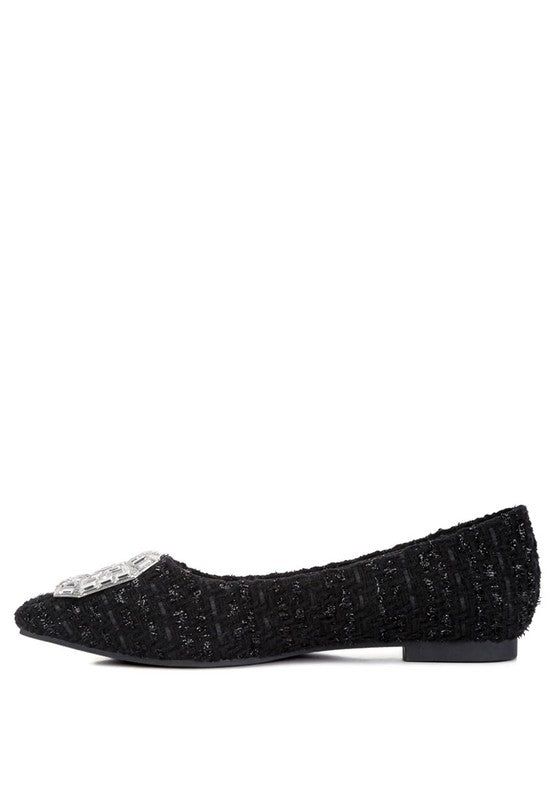 Aria Embellished Jewel Buckle Tweed Ballet Flats