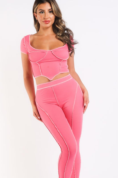 Ribbed Reverse Stitch Crop Top Pant Set