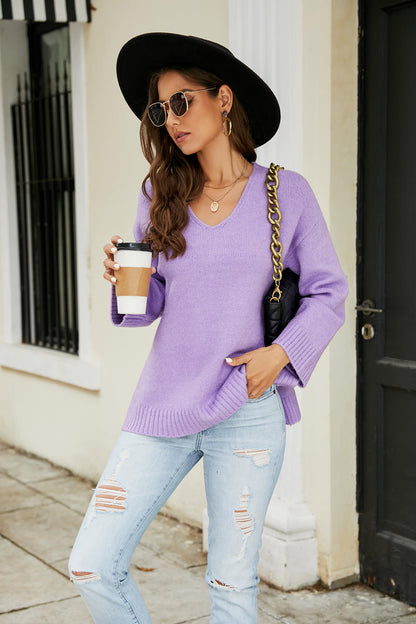 Drop Shoulder V-Neck Knit Pullover