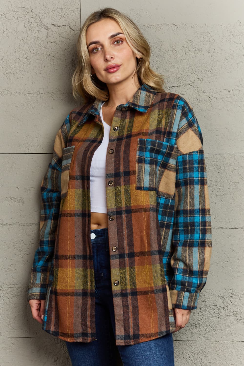 Double Take Plaid Curved Hem Shirt Jacket with Pockets