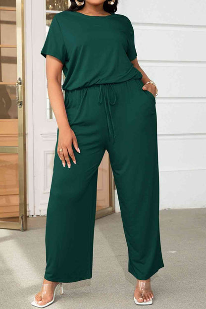 Plus+ Drawstring Waist Short Sleeve Jumpsuit