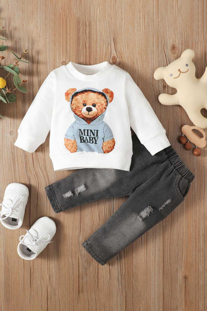 Baby Bear Graphic Sweatshirt and Distressed Jeans Set Trendsi