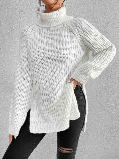 Turtleneck Rib-Knit Slit Sweater