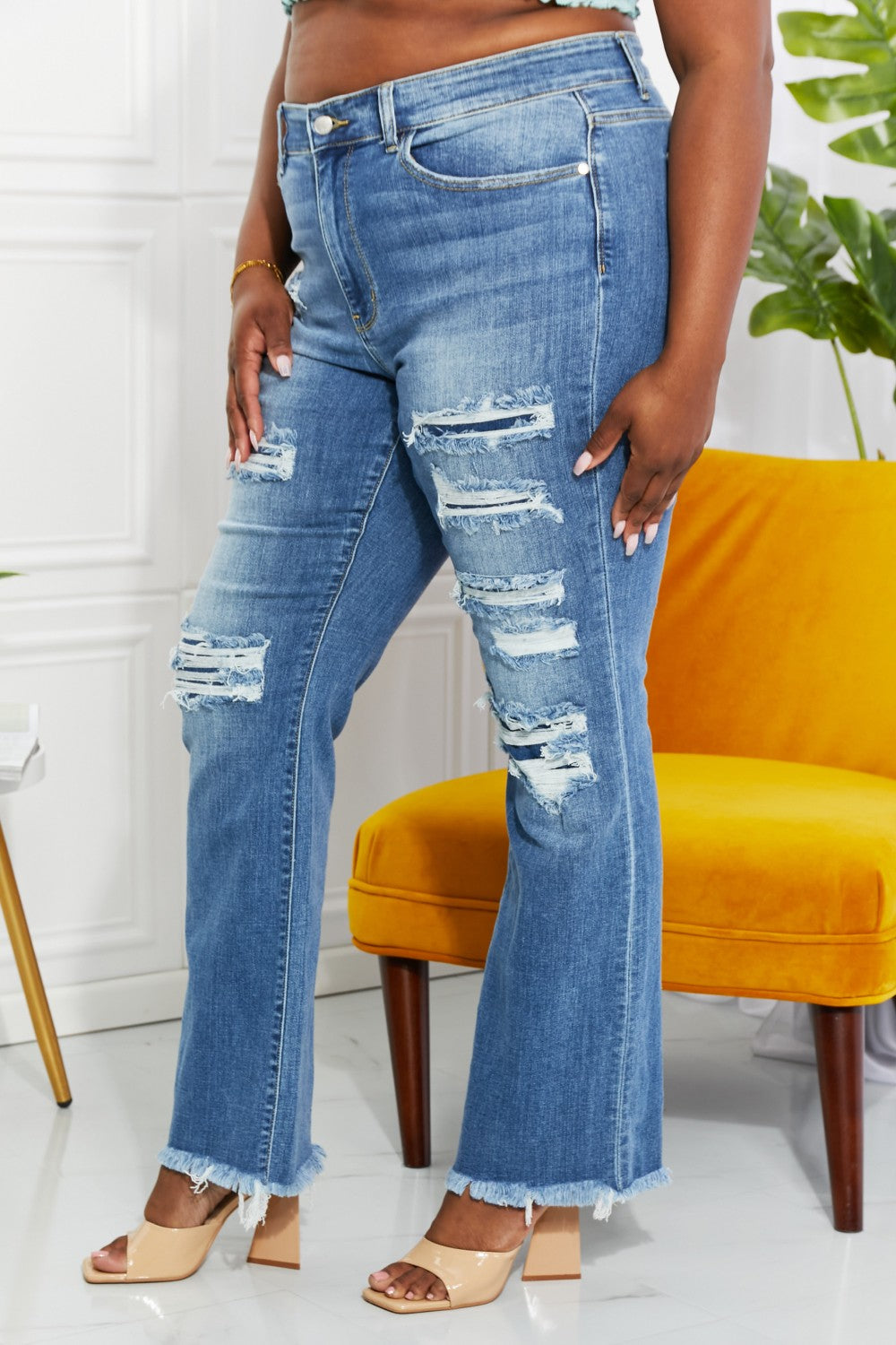 Gem Size High Waisted Patched Bootcut Jeans Trendsi