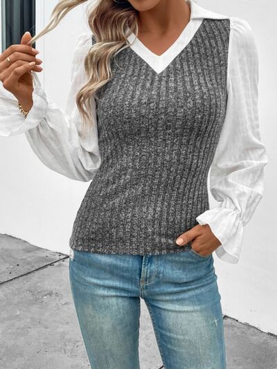 Johnny Collar Flounce Sleeve Knit Top