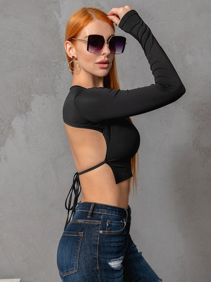 Round Neck Cropped Backless Tie Back Top Trendsi