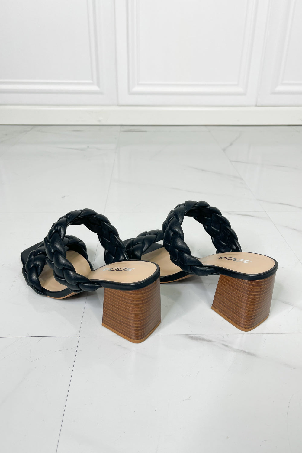 Interwoven Ideas Braided Strap Block Heel Slide Sandal in Black Trendsi