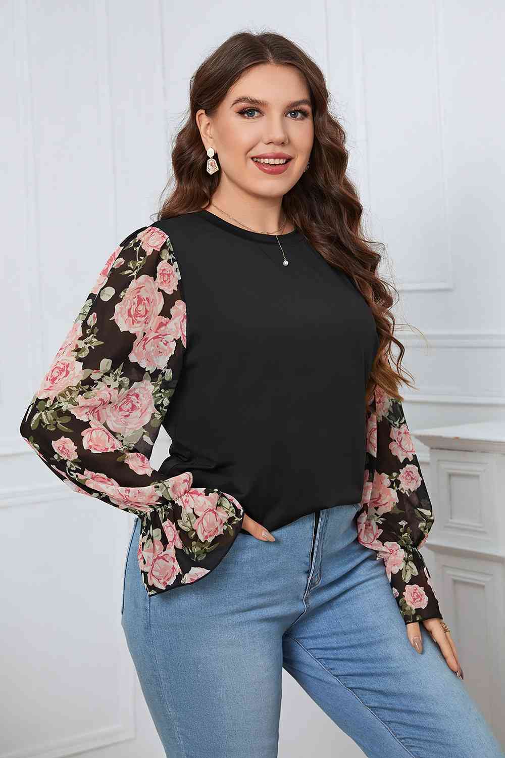 Plus+ Floral Flounce Sleeve Blouse