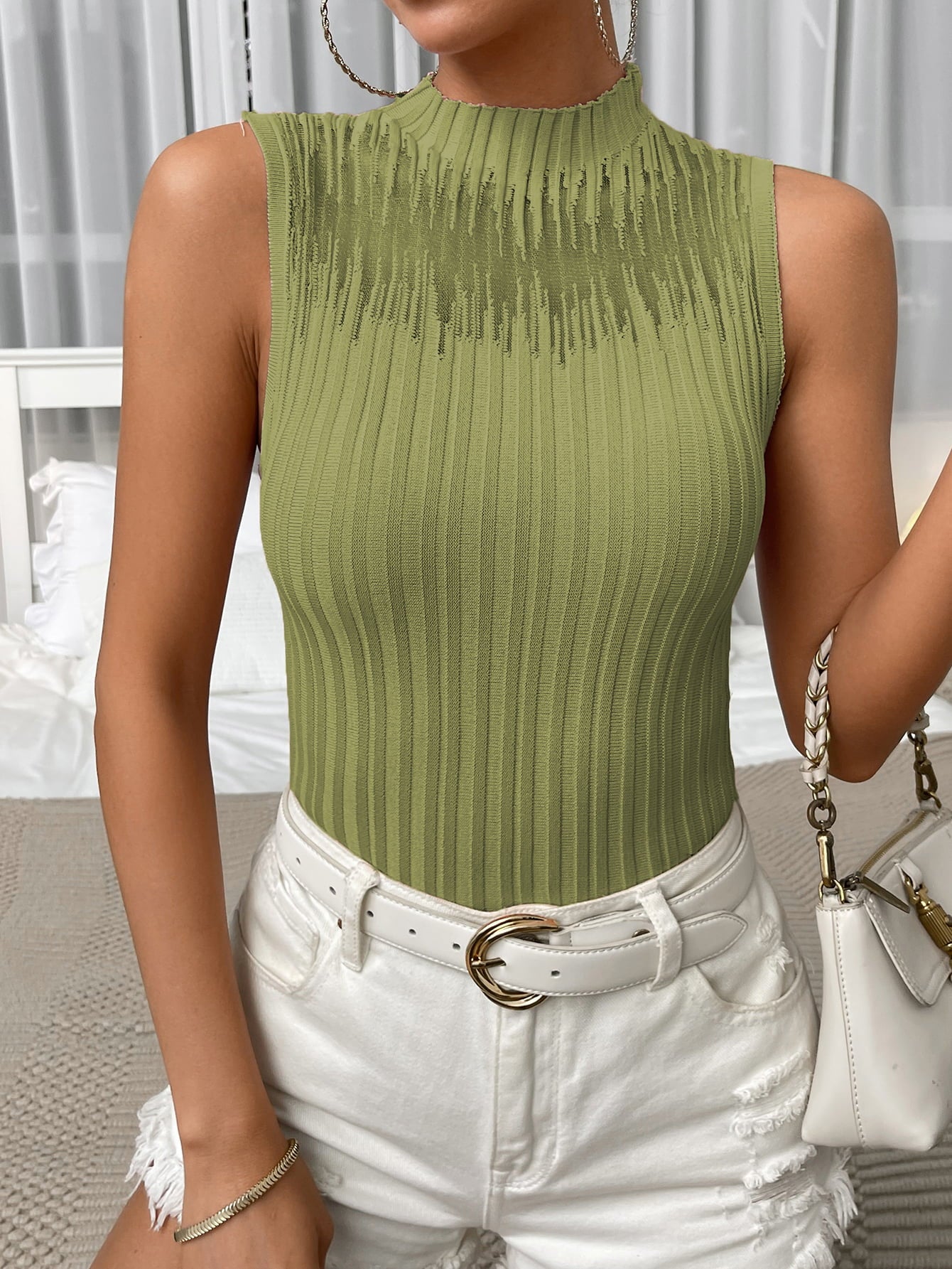 Mock Neck Ribbed Knit Tank Trendsi