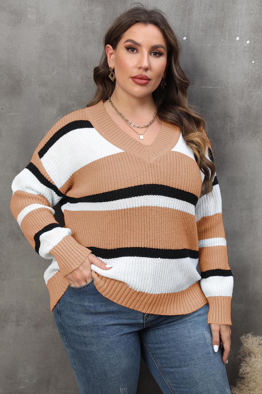 Plus+ Striped V-Neck Dropped Shoulder Sweater