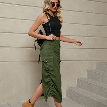 Drawstring Ruched Slit Denim Midi Skirt Trendsi