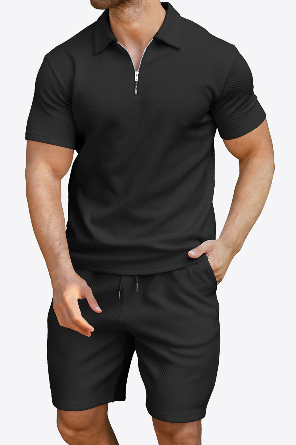 Men's Quarter-Zip Collared Short Sleeve Top and Shorts Set Trendsi