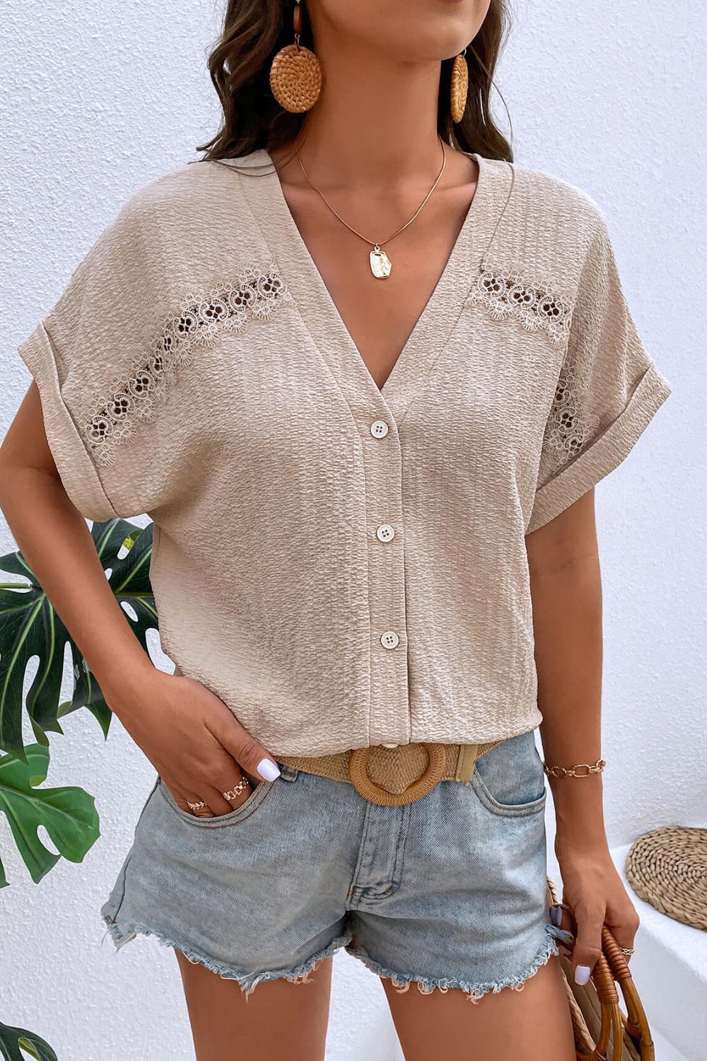 Textured Lace Trim Button Front Blouse Trendsi