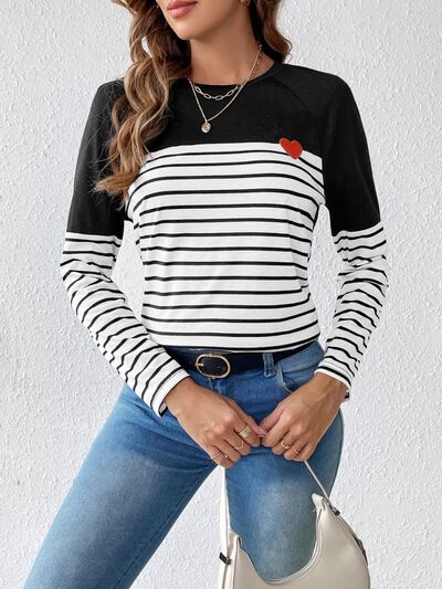 Heart Patch Striped Round Neck Long Sleeve T-Shirt