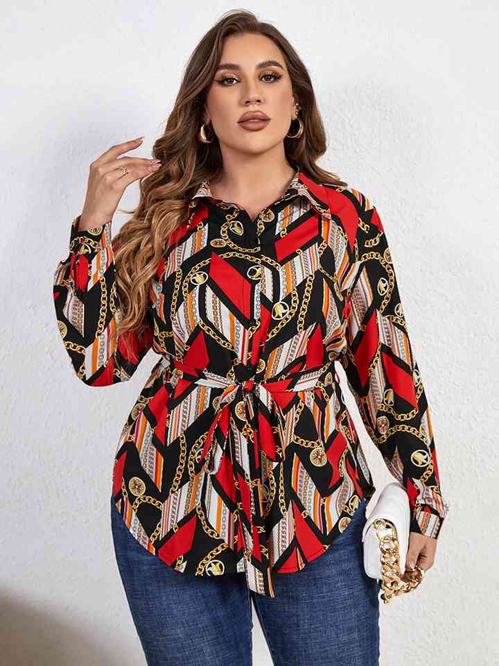 Plus+ Printed Collared Neck Tie Waist Long Sleeve Shirt