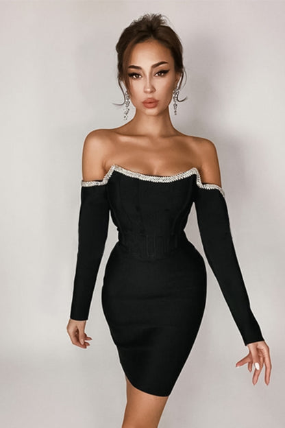 Off-Shoulder Long Sleeve Mini Dress with Rhinestone Detail Trendsi