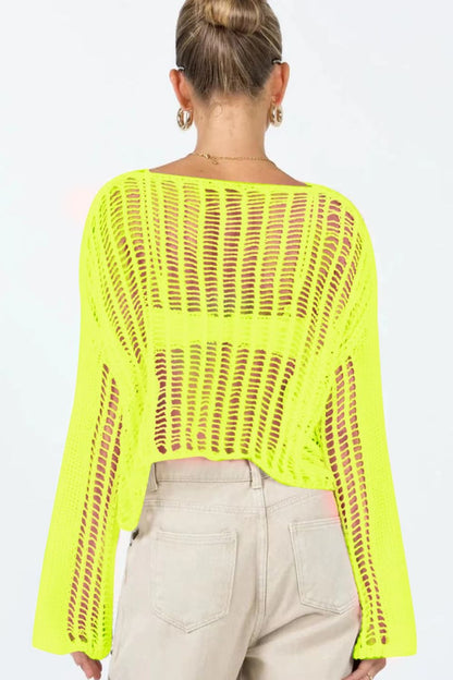 Openwork Boat Neck Long Sleeve Top Trendsi