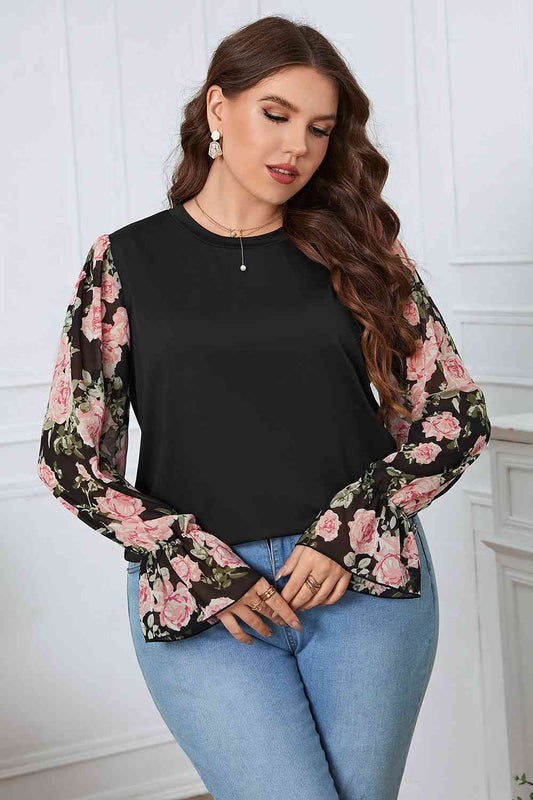 Plus+ Floral Flounce Sleeve Blouse