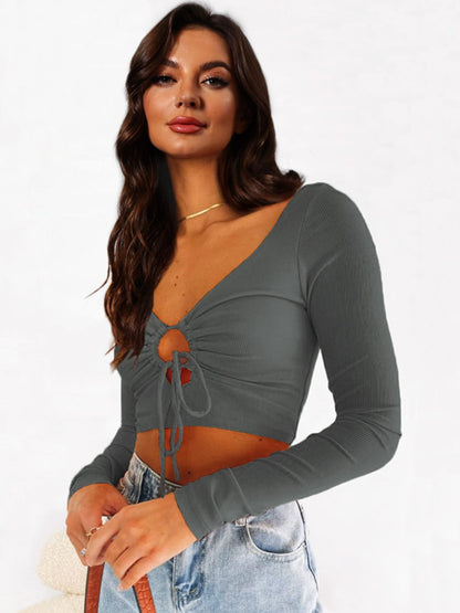 Gathered Detail Cutout Long Sleeve Crop Top Trendsi